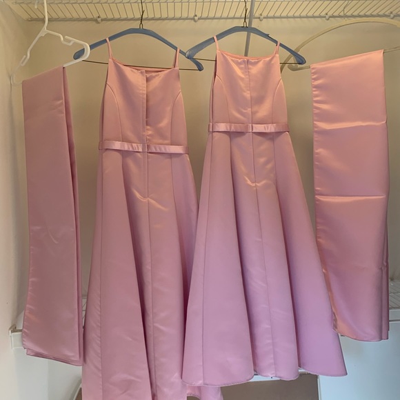 Junior Bridesmaid full length dresses. Light pink polyester fabric worn 1 - Picture 2 of 6